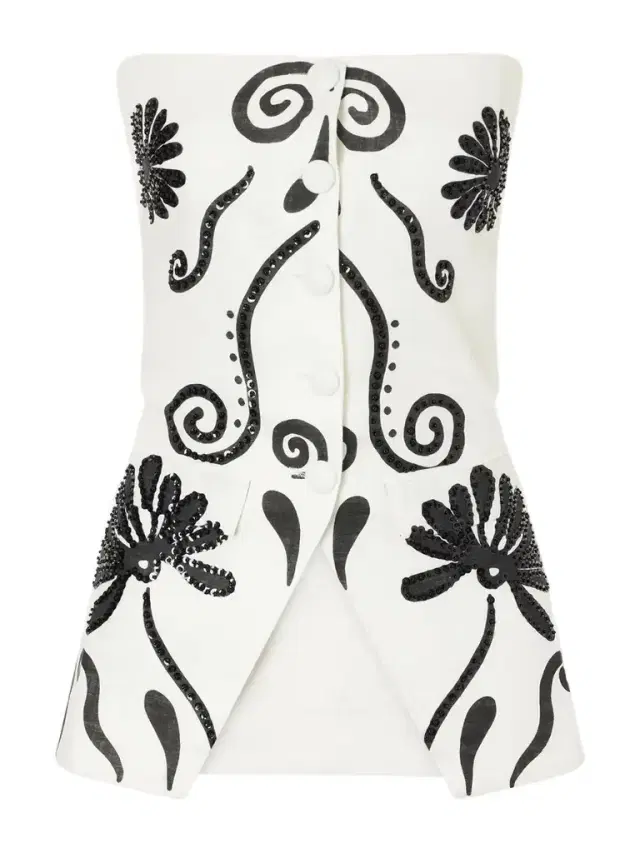 Cala de la Cruz Milos Strapless Sequin-embellished Floral-print Linen Top
