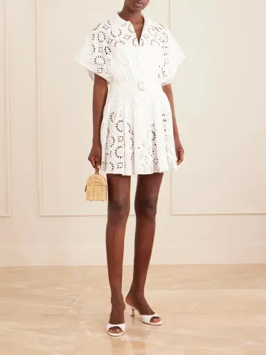 Norma Kamali Belted Broderie Anglaise Cotton Mini Dress | Thumbnail 2