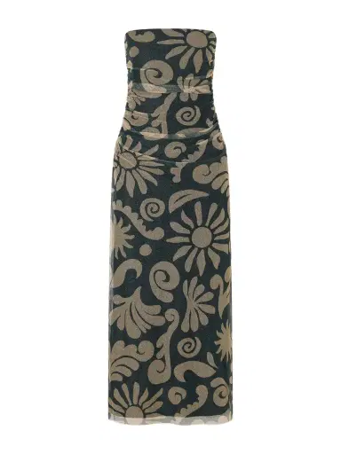 Cala de la Cruz Daphne Ruched Printed Mesh Midi Dress | Thumbnail 1 Cala de la Cruz Daphne Ruched Printed Mesh Midi Dress | Thumbnail 1