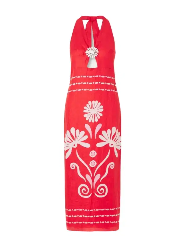 Cala de la Cruz Orly Embellished Cutout Printed Linen Maxi Dress