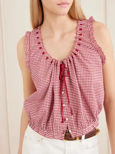 DÔEN Traveler Gathered Checked Organic Cotton Blouse | Thumbnail 4