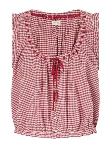 DÔEN Traveler Gathered Checked Organic Cotton Blouse | Thumbnail 1