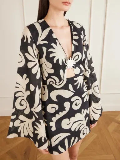 Cala de la Cruz Vera Embellished Cutout Printed Linen Mini Dress | Thumbnail 4