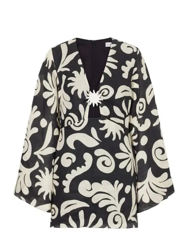 Vera Embellished Cutout Printed Linen Mini Dress