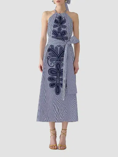 Carolina Herrera Women's Cabana Striped & Embroidered Halterneck Belted Cotton Midi-Dress - White Blue - Size 12 | Thumbnail 2