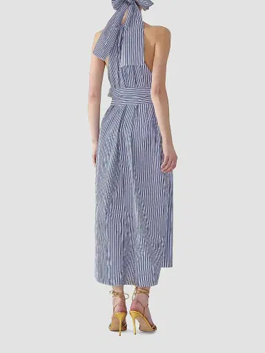 Carolina Herrera Women's Cabana Striped & Embroidered Halterneck Belted Cotton Midi-Dress - White Blue - Size 12 | Thumbnail 3