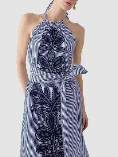 Carolina Herrera Women's Cabana Striped & Embroidered Halterneck Belted Cotton Midi-Dress - White Blue - Size 12 | Thumbnail 4