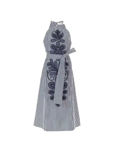Carolina Herrera Women's Cabana Striped & Embroidered Halterneck Belted Cotton Midi-Dress - White Blue - Size 12 | Thumbnail 1