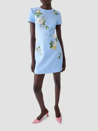Carolina Herrera Women's Cabana Bow Back Embroidered Short-Sleeve Minidress - Cloudy Blue - Size 14 | Thumbnail 2