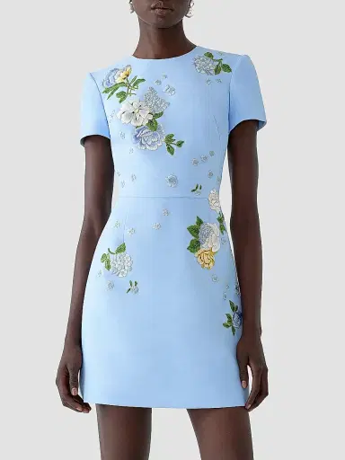Carolina Herrera Women's Cabana Bow Back Embroidered Short-Sleeve Minidress - Cloudy Blue - Size 14 | Thumbnail 3