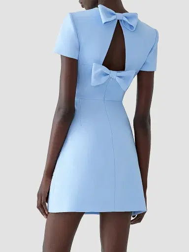 Carolina Herrera Women's Cabana Bow Back Embroidered Short-Sleeve Minidress - Cloudy Blue - Size 14 | Thumbnail 4