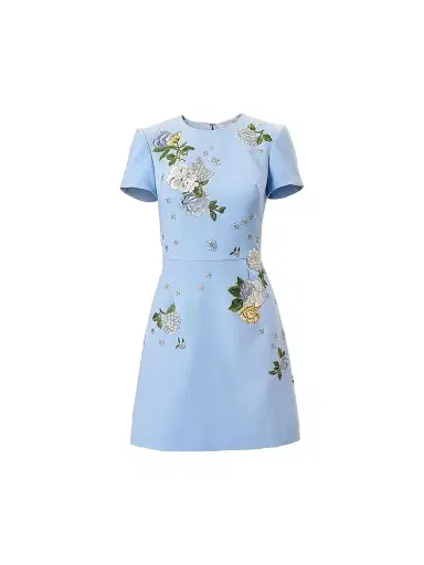 Carolina Herrera Women's Cabana Bow Back Embroidered Short-Sleeve Minidress - Cloudy Blue - Size 14 | Thumbnail 1