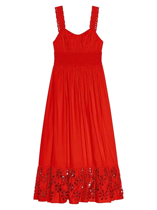 Women's Moira Embroidered Shirred Midi-Dress - Scarlet
