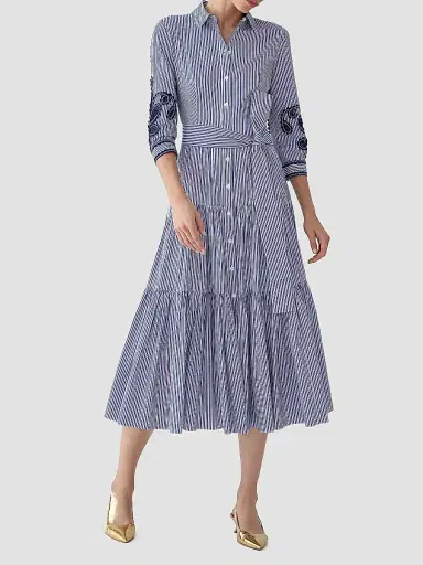 Carolina Herrera Women's Cabana Embroidered-Sleeve Belted Cotton Midi Shirtdress - White Blue - Size 10 | Thumbnail 2