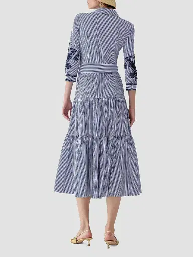 Carolina Herrera Women's Cabana Embroidered-Sleeve Belted Cotton Midi Shirtdress - White Blue - Size 10 | Thumbnail 3