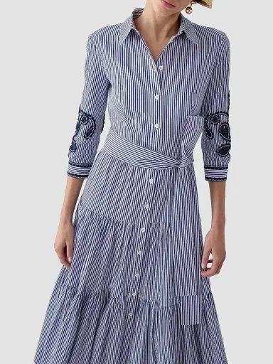 Carolina Herrera Women's Cabana Embroidered-Sleeve Belted Cotton Midi Shirtdress - White Blue - Size 10 | Thumbnail 4