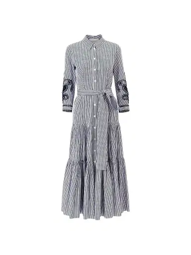 Carolina Herrera Women's Cabana Embroidered-Sleeve Belted Cotton Midi Shirtdress - White Blue - Size 10 | Thumbnail 1