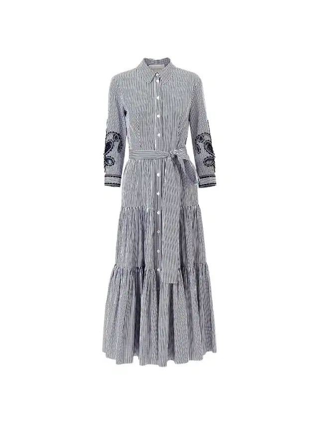 Carolina Herrera Women's Cabana Embroidered-Sleeve Belted Cotton Midi Shirtdress - White Blue