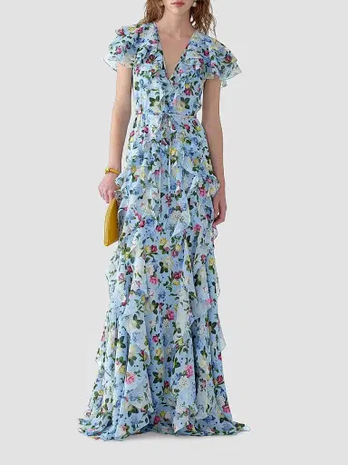 Carolina Herrera Women's Cabana Ruffled V-Neck Short-Sleeve Maxi Dress - Cloudy Blue Multi - Size 14 | Thumbnail 2