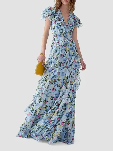 Carolina Herrera Women's Cabana Ruffled V-Neck Short-Sleeve Maxi Dress - Cloudy Blue Multi - Size 14 | Thumbnail 3