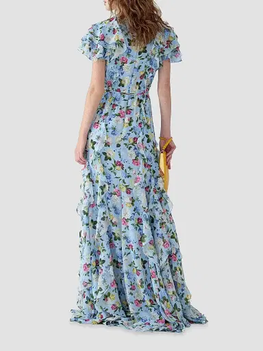Carolina Herrera Women's Cabana Ruffled V-Neck Short-Sleeve Maxi Dress - Cloudy Blue Multi - Size 14 | Thumbnail 4