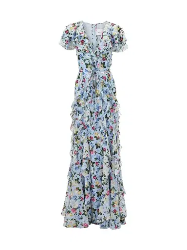 Carolina Herrera Women's Cabana Ruffled V-Neck Short-Sleeve Maxi Dress - Cloudy Blue Multi - Size 14 | Thumbnail 1