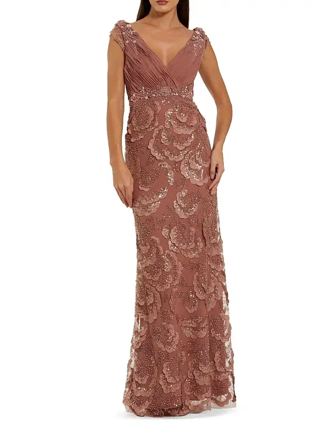 Mac Duggal Women's Petite Floral-Appliqué Embellished Chiffon Column Gown - Rose Petite 14