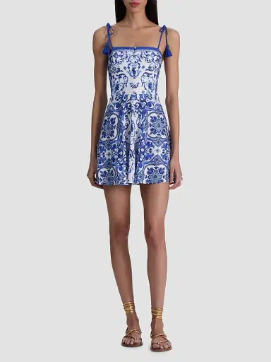 Alice + Olivia Women's Glinda Majolica Tassel Tie-Strap Linen-Blend Minidress - Solstice - Size 14 | Thumbnail 2 Alice + Olivia Women's Glinda Majolica Tassel Tie-Strap Linen-Blend Minidress - Solstice - Size 14 | Thumbnail 2