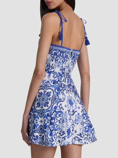 Alice + Olivia Women's Glinda Majolica Tassel Tie-Strap Linen-Blend Minidress - Solstice - Size 14 | Thumbnail 3 Alice + Olivia Women's Glinda Majolica Tassel Tie-Strap Linen-Blend Minidress - Solstice - Size 14 | Thumbnail 3