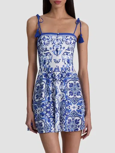 Alice + Olivia Women's Glinda Majolica Tassel Tie-Strap Linen-Blend Minidress - Solstice - Size 14 | Thumbnail 4 Alice + Olivia Women's Glinda Majolica Tassel Tie-Strap Linen-Blend Minidress - Solstice - Size 14 | Thumbnail 4