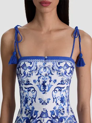Alice + Olivia Women's Glinda Majolica Tassel Tie-Strap Linen-Blend Minidress - Solstice - Size 14 | Thumbnail 5 Alice + Olivia Women's Glinda Majolica Tassel Tie-Strap Linen-Blend Minidress - Solstice - Size 14 | Thumbnail 5