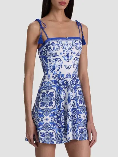 Alice + Olivia Women's Glinda Majolica Tassel Tie-Strap Linen-Blend Minidress - Solstice - Size 14 | Thumbnail 6 Alice + Olivia Women's Glinda Majolica Tassel Tie-Strap Linen-Blend Minidress - Solstice - Size 14 | Thumbnail 6