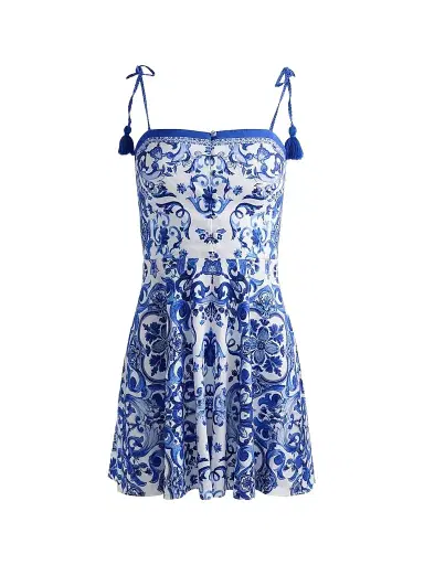 Alice + Olivia Women's Glinda Majolica Tassel Tie-Strap Linen-Blend Minidress - Solstice - Size 14 | Thumbnail 1 Alice + Olivia Women's Glinda Majolica Tassel Tie-Strap Linen-Blend Minidress - Solstice - Size 14 | Thumbnail 1