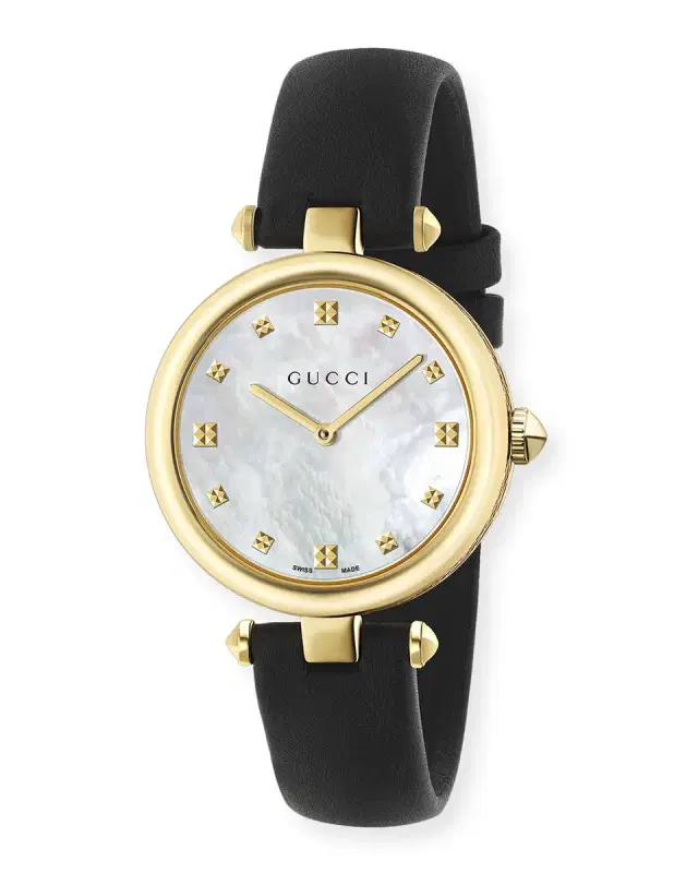 32mm Diamantissima Watch w/ Leather Strap, Black/Golden