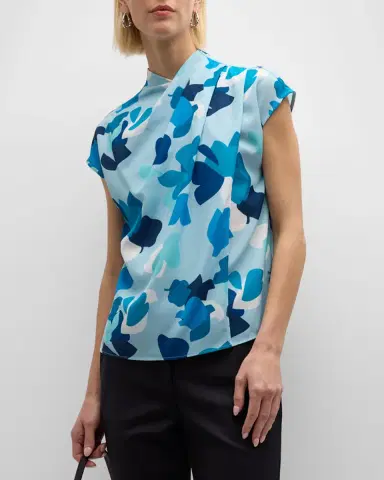 Emporio Armani Pleated Cap-Sleeve Abstract-Print Blouse | Thumbnail 3