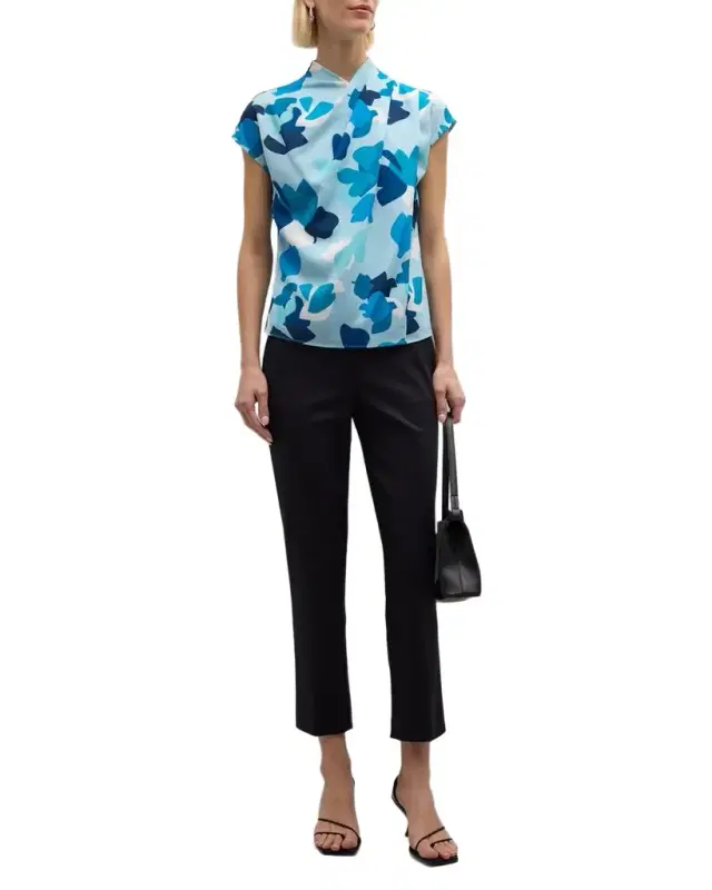 Emporio Armani Pleated Cap-Sleeve Abstract-Print Blouse