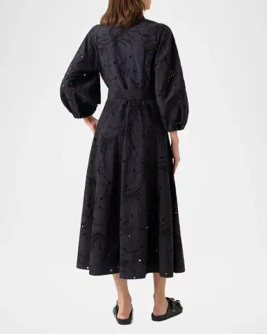 Akris punto Flower Eyelet Embroidered Cotton Belted Balloon-Sleeve Midi Shirtdress | Thumbnail 2