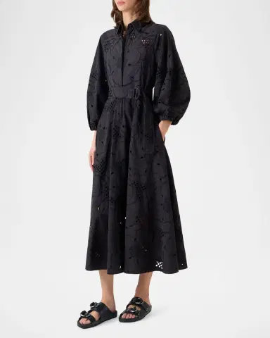Akris punto Flower Eyelet Embroidered Cotton Belted Balloon-Sleeve Midi Shirtdress | Thumbnail 3