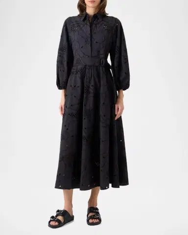 Akris punto Flower Eyelet Embroidered Cotton Belted Balloon-Sleeve Midi Shirtdress | Thumbnail 5