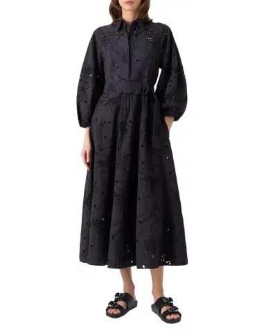 Akris punto Flower Eyelet Embroidered Cotton Belted Balloon-Sleeve Midi Shirtdress | Thumbnail 1
