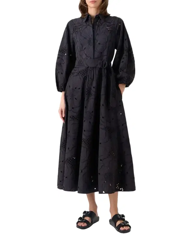 Akris punto Flower Eyelet Embroidered Cotton Belted Balloon-Sleeve Midi Shirtdress