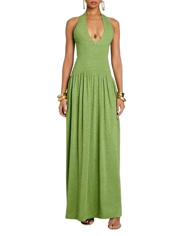 Retrofete Marcelle Metallic Knit Drop-Waist Halter Dress