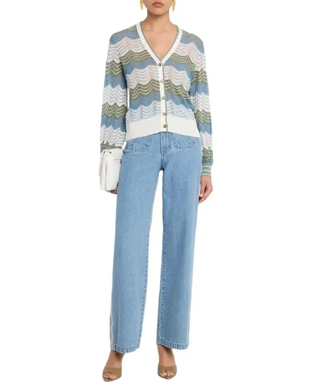 Laurinor Wavy Pointelle Knit V-Neck Cardigan