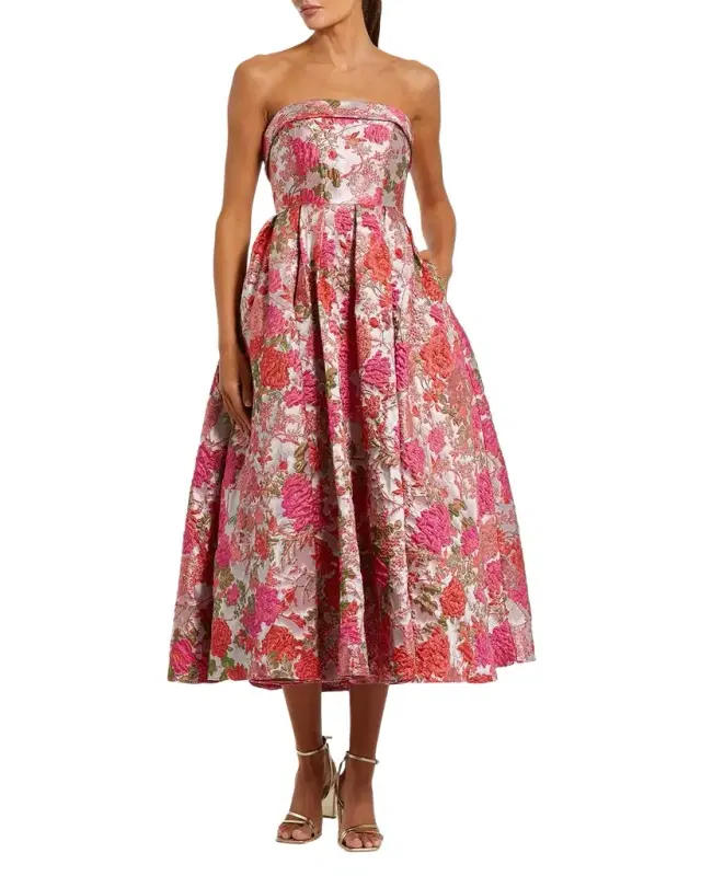 Floral Brocade Fit-and-Flare Strapless Midi Dress
