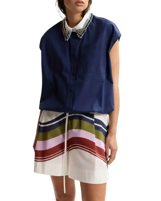 Button-Front Beaded-Collar Shirt