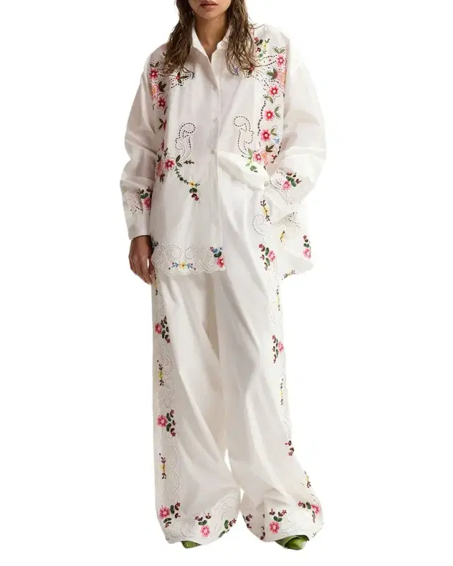 Embroidered Wide-Leg Cotton Pants