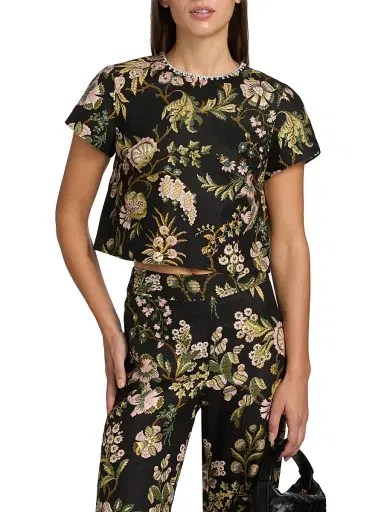 Cara Cara Women's Hudson Floral Embellished Linen Crop Top | Thumbnail 3 Cara Cara Women's Hudson Floral Embellished Linen Crop Top | Thumbnail 3