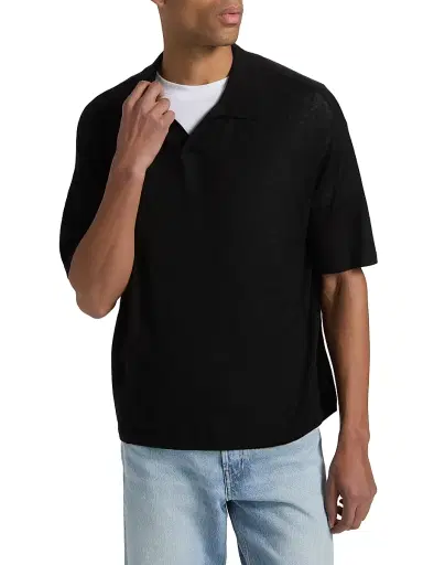 Frame Men's Superfine Wool-Cashmere Short-Sleeve Polo Sweater - Black - Size XL | Thumbnail 3