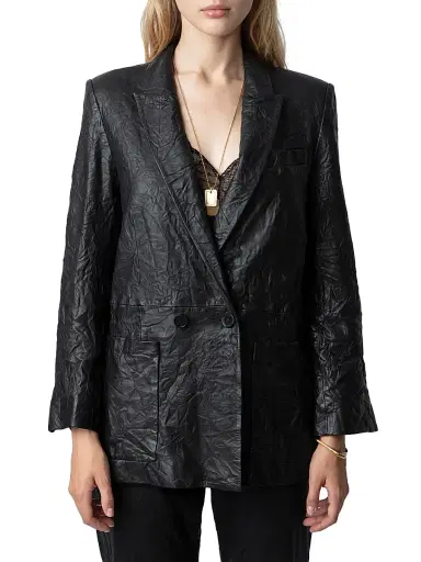 Zadig & Voltaire Women's Visko Cuir Froisse Leather Blazer - Noir - Size Large | Thumbnail 3