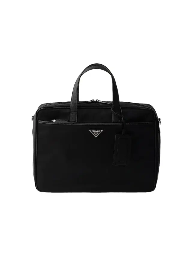 Men's Re-Nylon and Saffiano Leather Work Bag - Black